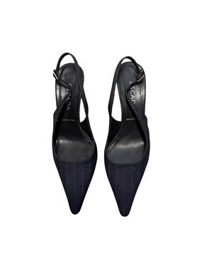 Escada Navy Pinstripe Pointed Slingback Heels